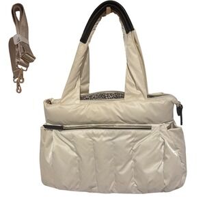 Sondra Roberts Squared Cream Puffer Tote Bag Leopard Lining Travel Sporty Chic